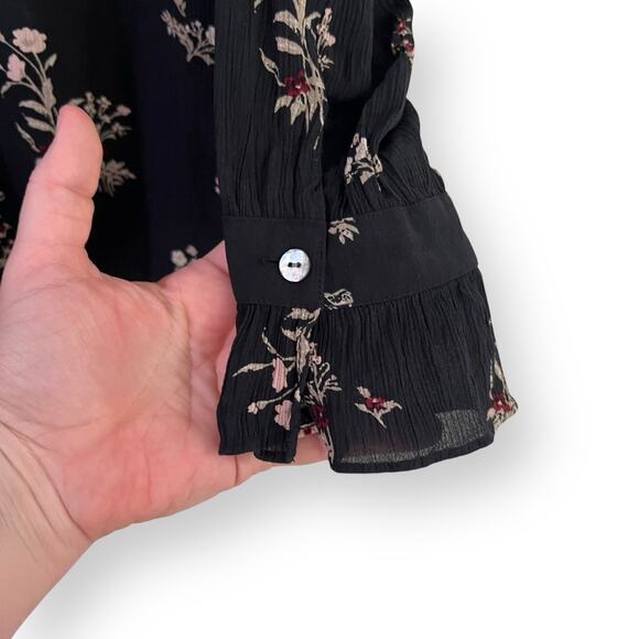 J Jill Top Womens Size M Blouse Black Crinkle Floral Long Sleeve Ruffle V Neck - Picture 5 of 10